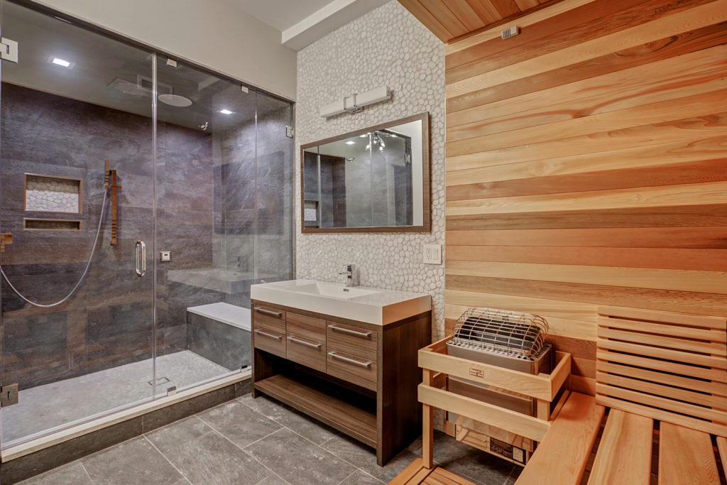 Basement Bathroom With Sauna and Steam Shower