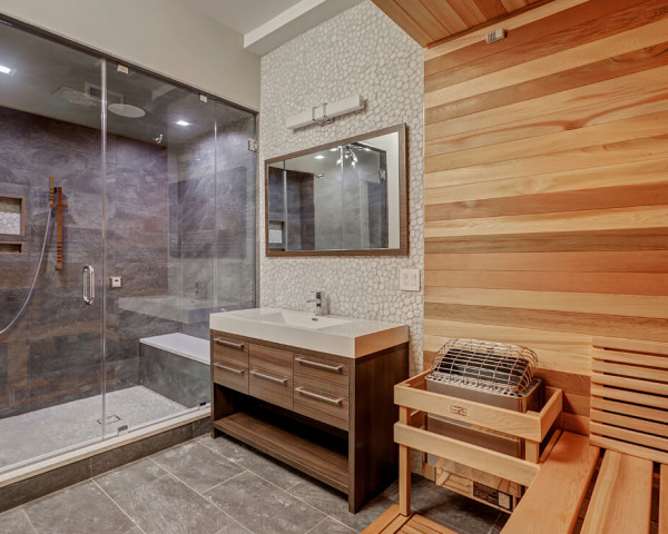 Basement Bathroom With Sauna and Steam Shower